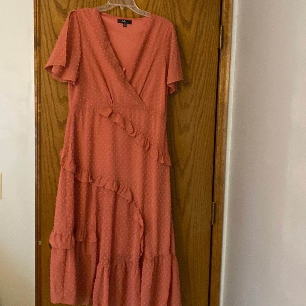 Pink Lulus Next to You Rusty Rose Swiss Dot Ruffled Midi Dress, Size XL